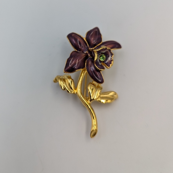 Vintage Articulated Gold-tone Brooch Orchid Enamel w green stone Joan Rivers - Picture 2 of 8